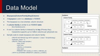 Data Model
● [Keyspace][ColumnFamily][Key][Column]
● A keyspace is akin to a database in RDBMS
● The keyspace is a row-oriented, column structure
● A column family is similar to an RDBMS table
○ More flexible/dynamic
● A row in a column family is indexed by its key (Primary Key).
○ Cassandra supports up to 2 billion columns per (physical) row.
● Sample code to create keyspace and column family:
○ CREATE KEYSPACE logs WITH replication = {'class': 'SimpleStrategy',
'replication_factor': 1} ;
○ CREATE TABLE logs.samples (
node_id text,
metric text,
collection_ts timestamp,
value bigint,
PRIMARY KEY ((node_id, metric), collection_ts)
) WITH CLUSTERING ORDER BY (collection_ts DESC);
8
 