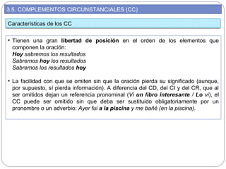 3.5. COMPLEMENTOS CIRCUNSTANCIALES (CC)
• Tienen una gran libertad de posición en el orden de los elementos que
componen la oración:
Hoy sabremos los resultados
Sabremos hoy los resultados
Sabremos los resultados hoy
• La facilidad con que se omiten sin que la oración pierda su significado (aunque,
por supuesto, sí pierda información). A diferencia del CD, del CI y del CR, que al
ser omitidos dejan un referencia pronominal (Vi un libro interesante / Lo vi), el
CC puede ser omitido sin que deba ser sustituido obligatoriamente por un
pronombre o un adverbio: Ayer fui a la piscina y me bañé (en la piscina).
Características de los CC
 