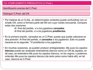 3.6. COMPLEMENTO PREDICATIVO (C.Pred.)
Identificación precisa del C.Pred.
• Por tratarse de un S.Adj., en determinados contextos puede confundirse con un
simple CN, como si formara parte del SN con cuyo núcleo concuerda. Compara
estas dos oraciones:
Al final del partido, vi a los jugadores cansados.
Al final del partido, vi a los jugadores predilectos.
• En la primera oración, cansados es un C.Pred. puesto que puede colocarse en
otra posición: Al final del partido, vi cansados a los jugadores. Esto no puede
hacerse en la segunda: *Vi predilectos a los jugadores.
• En muchas ocasiones, se pueden producir ambigüedades: Me puse los zapatos
blancos puede ser analizado entendiendo blancos como un CN de zapatos; en
tal caso, se entendería Me puse los zapatos blancos, no los negros; o podemos
entender Me puse los zapatos blancos (de tanto polvo como había allí), en tal
caso, blancos es C.Pred.
Distinguir C.Pred. del CN
 
