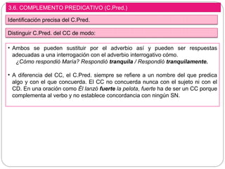 3.6. COMPLEMENTO PREDICATIVO (C.Pred.)
Identificación precisa del C.Pred.
• Ambos se pueden sustituir por el adverbio así y pueden ser respuestas
adecuadas a una interrogación con el adverbio interrogativo cómo.
¿Cómo respondió María? Respondió tranquila / Respondió tranquilamente.
• A diferencia del CC, el C.Pred. siempre se refiere a un nombre del que predica
algo y con el que concuerda. El CC no concuerda nunca con el sujeto ni con el
CD. En una oración como Él lanzó fuerte la pelota, fuerte ha de ser un CC porque
complementa al verbo y no establece concordancia con ningún SN.
Distinguir C.Pred. del CC de modo:
 