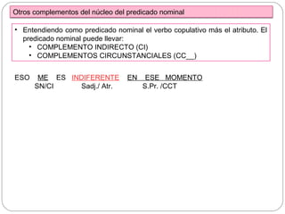 Otros complementos del núcleo del predicado nominal
• Entendiendo como predicado nominal el verbo copulativo más el atributo. El
predicado nominal puede llevar:
• COMPLEMENTO INDIRECTO (CI)
• COMPLEMENTOS CIRCUNSTANCIALES (CC__)
ESO ME ES INDIFERENTE EN ESE MOMENTO
SN/CI Sadj./ Atr. S.Pr. /CCT
 
