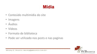 Mídia
• Conteúdo multimídia do site
• Imagens
• Áudios
• Vídeos
• Formato de biblioteca
• Pode ser utilizado nos posts e nas paginas
 