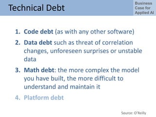 Business
Case for
Applied AI
Technical Debt
1. Code debt (as with any other software)
2. Data debt such as threat of correlation
changes, unforeseen surprises or unstable
data
3. Math debt: the more complex the model
you have built, the more difficult to
understand and maintain it
4. Platform debt
Source: O’Reilly
 
