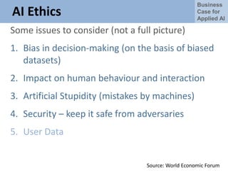 Business
Case for
Applied AI
AI Ethics
Some issues to consider (not a full picture)
1. Bias in decision-making (on the basis of biased
datasets)
2. Impact on human behaviour and interaction
3. Artificial Stupidity (mistakes by machines)
4. Security – keep it safe from adversaries
5. User Data
Source: World Economic Forum
 