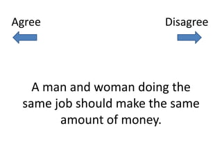 Agree                   Disagree




   A man and woman doing the
 same job should make the same
       amount of money.
 