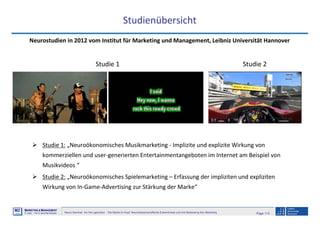 Page 113Neuro-Seminar: Ins Hirn geschaut - Die Marke im Kopf: Neurowissenschaftliche Erkenntnisse und ihre Bedeutung fürs Marketing
M2
©
MMARKETING & MMANAGEMENT
Institut >> Prof. Dr. Klaus-Peter Wiedmann
Studie 1: „Neuroökonomisches Musikmarketing - Implizite und explizite Wirkung von
kommerziellen und user-generierten Entertainmentangeboten im Internet am Beispiel von
Musikvideos “
Studie 2: „Neuroökonomisches Spielemarketing – Erfassung der impliziten und expliziten
Wirkung von In-Game-Advertising zur Stärkung der Marke“
Studienübersicht
Neurostudien in 2012 vom Institut für Marketing und Management, Leibniz Universität Hannover
Studie 1 Studie 2
 
