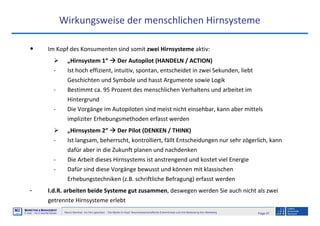 Page 57Neuro-Seminar: Ins Hirn geschaut - Die Marke im Kopf: Neurowissenschaftliche Erkenntnisse und ihre Bedeutung fürs Marketing
M2
©
MMARKETING & MMANAGEMENT
Institut >> Prof. Dr. Klaus-Peter Wiedmann
Wirkungsweise der menschlichen Hirnsysteme
• Im Kopf des Konsumenten sind somit zwei Hirnsysteme aktiv:
„Hirnsystem 1“ Der Autopilot (HANDELN / ACTION)
- Ist hoch effizient, intuitiv, spontan, entscheidet in zwei Sekunden, liebt
Geschichten und Symbole und hasst Argumente sowie Logik
- Bestimmt ca. 95 Prozent des menschlichen Verhaltens und arbeitet im
Hintergrund
- Die Vorgänge im Autopiloten sind meist nicht einsehbar, kann aber mittels
impliziter Erhebungsmethoden erfasst werden
„Hirnsystem 2“ Der Pilot (DENKEN / THINK)
- Ist langsam, beherrscht, kontrolliert, fällt Entscheidungen nur sehr zögerlich, kann
dafür aber in die Zukunft planen und nachdenken
- Die Arbeit dieses Hirnsystems ist anstrengend und kostet viel Energie
- Dafür sind diese Vorgänge bewusst und können mit klassischen
Erhebungstechniken (z.B. schriftliche Befragung) erfasst werden
- I.d.R. arbeiten beide Systeme gut zusammen, deswegen werden Sie auch nicht als zwei
getrennte Hirnsysteme erlebt
 