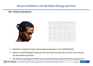 Page 94Neuro-Seminar: Ins Hirn geschaut - Die Marke im Kopf: Neurowissenschaftliche Erkenntnisse und ihre Bedeutung fürs Marketing
M2
©
MMARKETING & MMANAGEMENT
Institut >> Prof. Dr. Klaus-Peter Wiedmann
Neuro-Verfahren mit direktem Bezug zum Hirn
EEG – Elektroenzephalografie
• Methode zur Registrierung der Spannungsschwankungen an der Kopfoberfläche.
• Mittels am Kopf befestigter Elektroden wird die elektrische Aktivität im Gehirn durch Impulse
der Nervenzellen gemessen.
• Das Elektroenzephalogramm bildet die summierte elektrische Aktivität des Hirns graphisch ab.
 