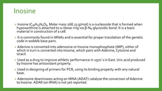 Inosine
 Inosine (C₁₀H₁₂N₄O₅, Molar mass 268.23 g/mol) is a nucleoside that is formed when
hypoxanthine is attached to a ribose ring via β-N₉-glycosidic bond. It is a basic
material in construction of a cell.
 It is commonly found in tRNAs and is essential for proper translation of the genetic
code in wobble base pairs.
 Adenine is converted into adenosine or Inosine monophosphate (IMP), either of
which in turn is converted into Inosine, which pairs with Adenine, Cytosine and
Uracil.
 Used as a drug to improve athletic performance in 1970`s in East. Uric acid produced
by Inosine has antioxidant property.
 Used in designing of primers for PCR, using its binding property with any natural
base.
 Adenosine deaminases acting on tRNA (ADAT) catalyse the conversion of Adenine
to Inosine. ADAR (on RNA) is not yet reported.
 