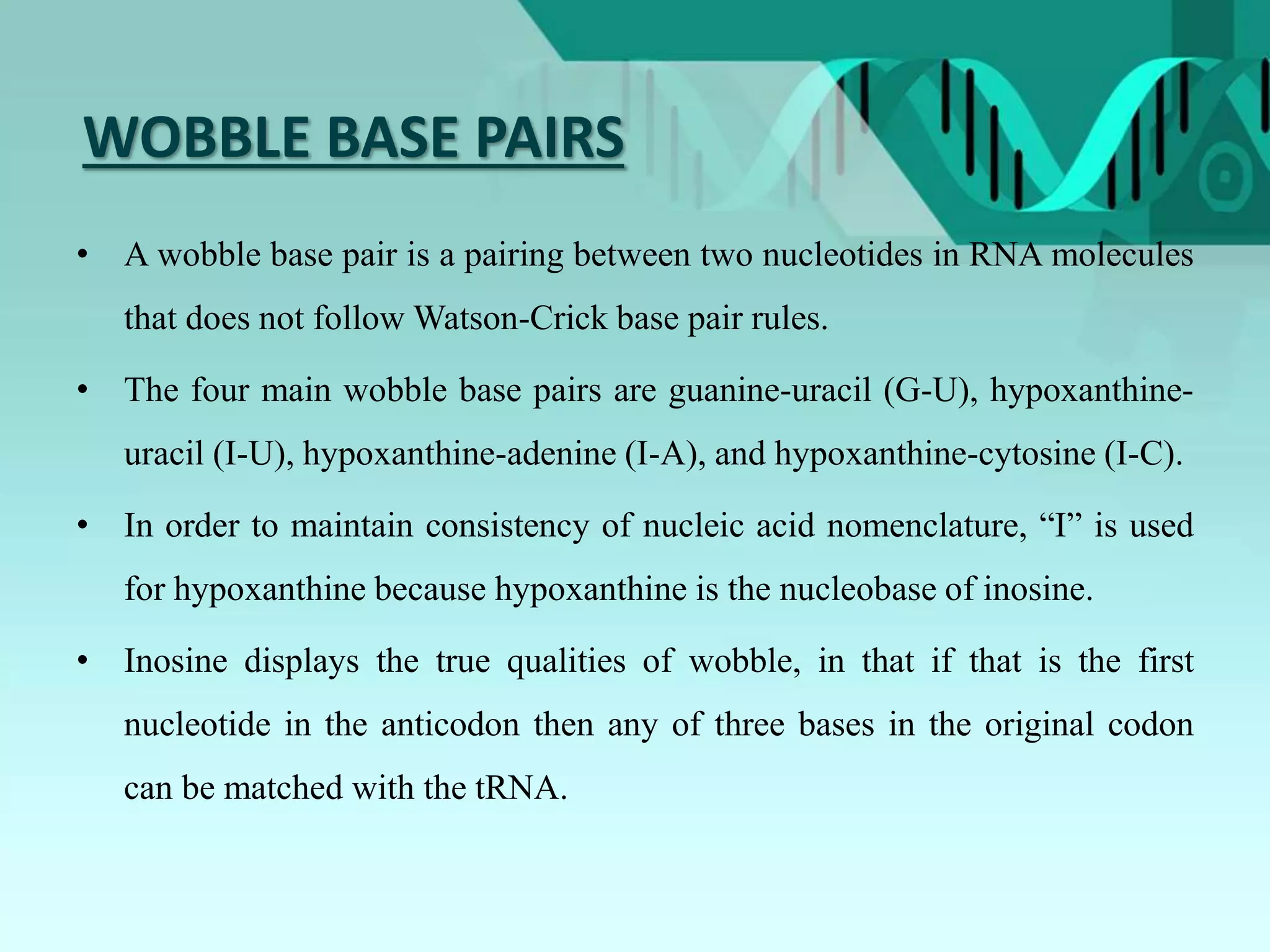 WOBBLE BASE PAIRS
• A wobble base pair is a pairing between two nucleotides in RNA molecules
that does not follow Watson-Crick base pair rules.
• The four main wobble base pairs are guanine-uracil (G-U), hypoxanthine-
uracil (I-U), hypoxanthine-adenine (I-A), and hypoxanthine-cytosine (I-C).
• In order to maintain consistency of nucleic acid nomenclature, “I” is used
for hypoxanthine because hypoxanthine is the nucleobase of inosine.
• Inosine displays the true qualities of wobble, in that if that is the first
nucleotide in the anticodon then any of three bases in the original codon
can be matched with the tRNA.
 