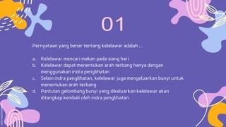 Pernyataan yang benar tentang kelelawar adalah …
a. Kelelawar mencari makan pada siang hari
b. Kelelawar dapat menentukan arah terbang hanya dengan
menggunakan indra penglihatan
c. Selain indra penglihatan, kelelawar juga mengeluarkan bunyi untuk
menentukan arah terbang
d. Pantulan gelombang bunyi yang dikeluarkan kelelawar akan
ditangkap kembali oleh indra penglihatan
 