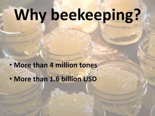 Why beekeeping?

• More than 4 million tones
• More than 1.6 billion USD
 