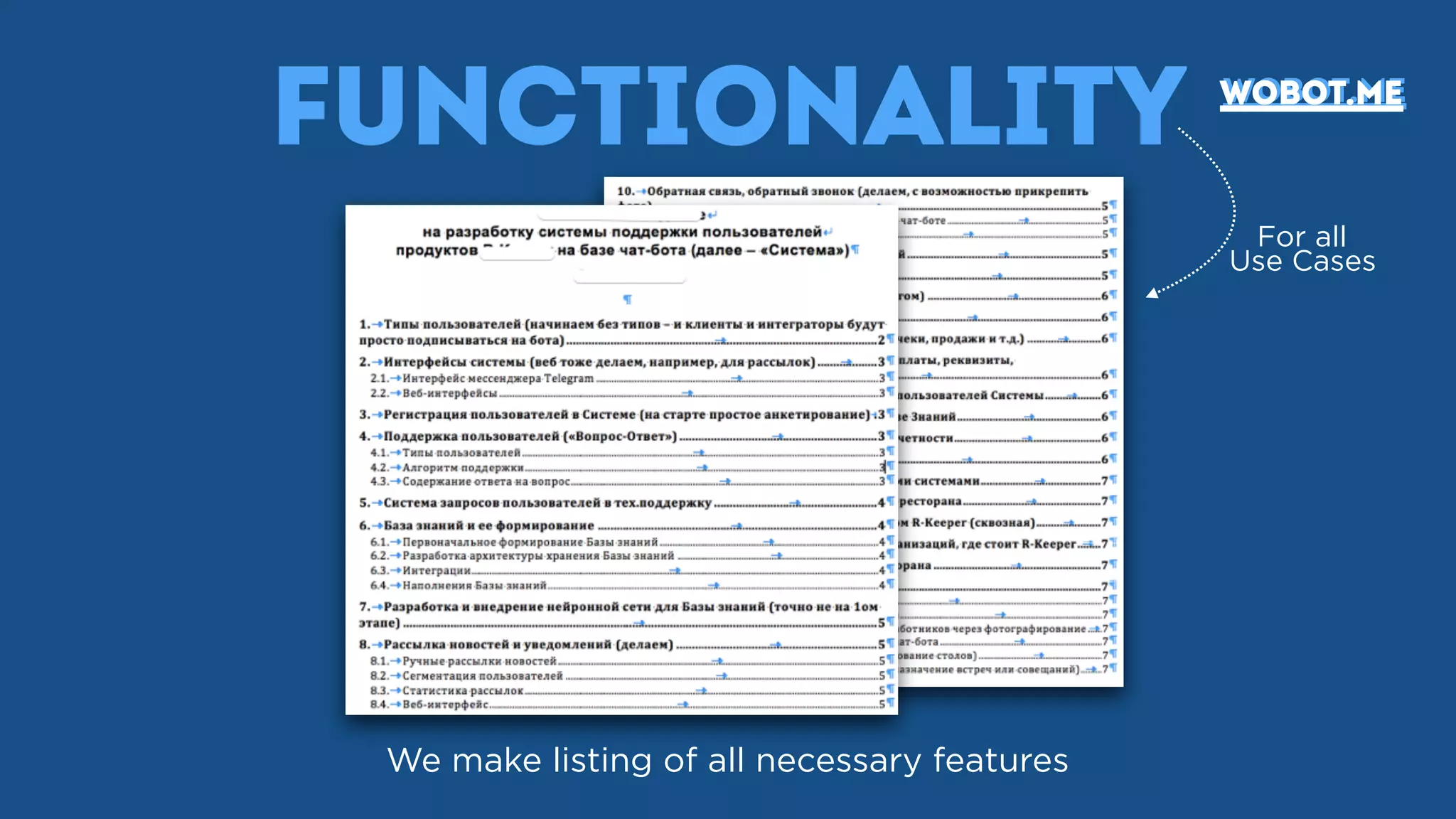 functionality
We make listing of all necessary features
For all
Use Cases
wobot.mewobot.me
 