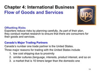 14
Chapter 4: International Business
Flow of Goods and Services
Offsetting Risks
Exporters reduce risks by planning carefully. As part of their plan,
they conduct market research to ensure that there are consumers for
their goods and services.
Canada’s Major Trading Partners
Canada’s number one trade partner is the United States.
Three major reasons for trading with the United States include
1. low cost shipping due to proximity
2. similar cultures (language, interests, product interest, and so on
3. a market that is 10 timers larger than the domestic one
 