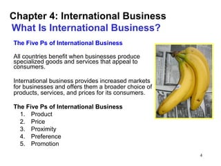 4
Chapter 4: International Business
What Is International Business?
The Five Ps of International Business
All countries benefit when businesses produce
specialized goods and services that appeal to
consumers.
International business provides increased markets
for businesses and offers them a broader choice of
products, services, and prices for its consumers.
The Five Ps of International Business
1. Product
2. Price
3. Proximity
4. Preference
5. Promotion
 