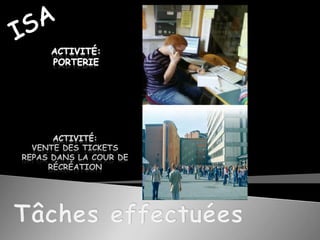  ISAActivité: PORTERIEActivité: VENTE DES TICKETSREPAS DANS LA COUR DE RécréationTâches effectuées