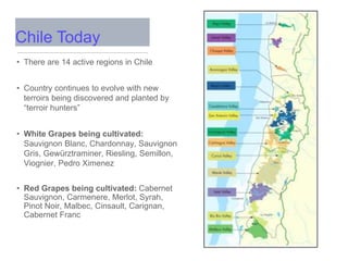 • There are 14 active regions in Chile
• Country continues to evolve with new
terroirs being discovered and planted by
“terroir hunters”
• White Grapes being cultivated:
Sauvignon Blanc, Chardonnay, Sauvignon
Gris, Gewürztraminer, Riesling, Semillon,
Viognier, Pedro Ximenez
• Red Grapes being cultivated: Cabernet
Sauvignon, Carmenere, Merlot, Syrah,
Pinot Noir, Malbec, Cinsault, Carignan,
Cabernet Franc
Chile Today
 