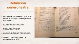Definición 
género teatral 
✤ ACCIÓN ➡️ DESARROLLADA POR 
PERSONAJES (ACTORES) EN UN 
ESCENARIO 
✤ HAY ESPACIO Y TIEMPO 
✤ NO HAY NARRADOR 
✤ USO DEL DIÁLOGO ES ESENCIAL 
✤ OBRAS CREADAS PARA LA 
REPRESENTACIÓN 
 
