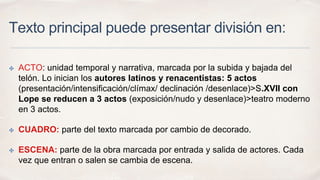 Texto principal puede presentar división en: 
✤ ACTO: unidad temporal y narrativa, marcada por la subida y bajada del 
telón. Lo inician los autores latinos y renacentistas: 5 actos 
(presentación/intensificación/clímax/ declinación /desenlace)>S.XVII con 
Lope se reducen a 3 actos (exposición/nudo y desenlace)>teatro moderno 
en 3 actos. 
✤ CUADRO: parte del texto marcada por cambio de decorado. 
✤ ESCENA: parte de la obra marcada por entrada y salida de actores. Cada 
vez que entran o salen se cambia de escena. 
 
