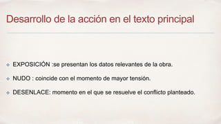 Desarrollo de la acción en el texto principal 
✤ EXPOSICIÓN :se presentan los datos relevantes de la obra. 
✤ NUDO : coincide con el momento de mayor tensión. 
✤ DESENLACE: momento en el que se resuelve el conflicto planteado. 
 