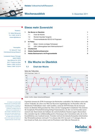 Helaba Volkswirtschaft/Research



                                                   Wochenausblick                                                                       9. Dezember 2011




                                                   Etwas mehr Zuversicht
                              Redaktion:
                                                   1        Die Woche im Überblick                                                                      1
            Dr. Stefan Mitropoulos
             Tel.: 0 69/91 32-46 19                         1.1     Chart der Woche                                                                     1
              research@helaba.de                            1.2     Wochen-Quartals-Tangente                                                            2
                                                            1.3     Finanzmarktkalender KW 50 mit Prognosen                                             3
                                                   2        Im Fokus                                                                                    4
                                                            2.1     Aktien: Vorerst unruhiges Fahrwasser                                                4
                                                            2.2     USA: Lieferengpässe beim Weihnachtsmann?                                            5
                          Herausgeber:
                                                   3        Charttechnik                                                                                6
               Dr. Gertrud R. Traud
                                                   4        Helaba Kapitalmarktszenarien                                                                7
Chefvolkswirt/Leitung Research
                                                   5        Helaba Basisszenario mit Prognosetabelle                                                    8
Landesbank Hessen-Thüringen
                        MAIN TOWER
         Neue Mainzer Str. 52-58
        60311 Frankfurt am Main                    1 Die Woche im Überblick
       Telefon: 0 69/91 32-20 24
       Telefax: 0 69/91 32-22 44                       1.1         Chart der Woche

                                                   Nahe des Tiefpunktes
                                                   ZEW-Erwartungen, Saldo in %

                                                   100                                                                                               100
                                                                                                                   Standardabweichung
                                                       75                                                                                             75

                                                       50                                                                        Mittelwert           50

                                                       25                                                                                             25

                                                       0                                                                                               0

                                                    -25                                                                                               -25
                                                                                                      Standardabweichung
                                                    -50                                                                                               -50

                                                    -75                                                                                               -75
                                                      1992             1995           1998            2001         2004          2007         2010


                                                   Quellen: EcoWin; Helaba Volkswirtschaft/Research



        Die Publikation ist mit größter Sorgfalt   Eigentlich stimmen die ZEW-Erwartungen den Beobachter verdrießlich. Der Indikator notiert nahe
bearbeitet worden. Sie enthält jedoch lediglich    seinem Tiefpunkt, der schon zwei Mal eine Rezession angekündigt hat. Im Dezember sollte der
  unverbindliche Analysen und Prognosen zu
                                                   Mannheimer Frühindikator relativ stabil ausfallen, zumal der SENTIX-Index für die Eurozone
   den gegenwärtigen und zukünftigen Markt-
     verhältnissen. Die Angaben beruhen auf
                                                   bereits ein ähnliches Bild gezeichnet hat. Muss sich die Vergangenheit wiederholen? Das Zentrum
    Quellen, die wir für zuverlässig halten, für   für Europäische Wirtschaftsforschung befragt Finanzanalysten, die aber zur Zeit besonders pessi-
 deren Richtigkeit, Vollständigkeit oder Aktua-
                                                   mistisch sind. Damit könnte der Indikator die realwirtschaftliche Situation negativ überzeichnen.
 lität wir aber keine Gewähr übernehmen kön-
 nen. Sämtliche in dieser Publikation getroffe-
                                                   Dies zumindest legt die verhältnismäßig positive Stimmung in den Unternehmen nahe, die im ifo-
     nen Angaben dienen der Information. Sie       Geschäftsklima zum Ausdruck kommt. Trotzdem wird sich die deutsche Konjunktur abschwächen.
 dürfen nicht als Angebot oder Empfehlung für      Das Wirtschaftswachstum wird nach 3 % in diesem Jahr 2012 nur noch 1,2 % betragen. Dies ist
  Anlageentscheidungen verstanden werden.
                                                   kein Grund zur Panik, da es immer noch ein Wachstum in der Nähe des Potenzials ist.
 