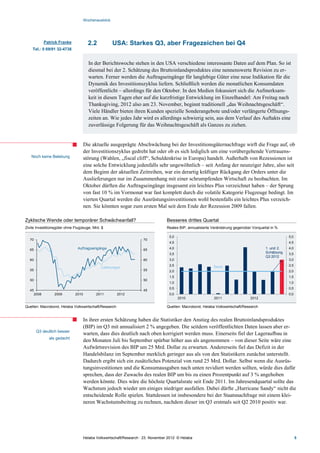 Wochenausblick




           Patrick Franke              2.2            USA: Starkes Q3, aber Fragezeichen bei Q4
    Tel.: 0 69/91 32-4738


                                       In der Berichtswoche stehen in den USA verschiedene interessante Daten auf dem Plan. So ist
                                       diesmal bei der 2. Schätzung des Bruttoinlandsproduktes eine nennenswerte Revision zu er-
                                       warten. Ferner werden die Auftragseingänge für langlebige Güter eine neue Indikation für die
                                       Dynamik des Investitionszyklus liefern. Schließlich werden die monatlichen Konsumdaten
                                       veröffentlicht – allerdings für den Oktober. In den Medien fokussiert sich die Aufmerksam-
                                       keit in diesen Tagen eher auf die kurzfristige Entwicklung im Einzelhandel: Am Freitag nach
                                       Thanksgiving, 2012 also am 23. November, beginnt traditionell „das Weihnachtsgeschäft“.
                                       Viele Händler bieten ihren Kunden spezielle Sonderangebote und/oder verlängerte Öffnungs-
                                       zeiten an. Wie jedes Jahr wird es allerdings schwierig sein, aus dem Verlauf des Auftakts eine
                                       zuverlässige Folgerung für das Weihnachtsgeschäft als Ganzes zu ziehen.


                                     Die aktuelle ausgeprägte Abschwächung bei der Investitionsgüternachfrage wirft die Frage auf, ob
                                     der Investitionszyklus gedreht hat oder ob es sich lediglich um eine vorübergehende Vertrauens-
   Noch keine Belebung               störung (Wahlen, „fiscal cliff“, Schuldenkrise in Europa) handelt. Außerhalb von Rezessionen ist
                                     eine solche Entwicklung jedenfalls sehr ungewöhnlich – seit Anfang der neunziger Jahre, also seit
                                     dem Beginn der aktuellen Zeitreihen, war ein derartig kräftiger Rückgang der Orders unter die
                                     Auslieferungen nur im Zusammenhang mit einer schrumpfenden Wirtschaft zu beobachten. Im
                                     Oktober dürften die Auftragseingänge insgesamt ein leichtes Plus verzeichnet haben – der Sprung
                                     von fast 10 % im Vormonat war fast komplett durch die volatile Kategorie Flugzeuge bedingt. Im
                                     vierten Quartal werden die Ausrüstungsinvestitionen wohl bestenfalls ein leichtes Plus verzeich-
                                     nen. Sie könnten sogar zum ersten Mal seit dem Ende der Rezession 2009 fallen.

Zyklische Wende oder temporärer Schwächeanfall?                                    Besseres drittes Quartal
Zivile Investitionsgüter ohne Flugzeuge, Mrd. $                                    Reales BIP, annualisierte Veränderung gegenüber Vorquartal in %

                                                                                     5,0                                                               5,0
  70                                                                  70
                                                                                     4,5                                                               4,5

  65                           Auf tragseingänge                      65             4,0                                                   1. und 2.   4,0
                                                                                     3,5                                                   Schätzung   3,5
                                                                                                                                           Q3 2012
  60                                                                  60             3,0                                                               3,0
                                                                                     2,5                     Trend                                     2,5
                                               Lief erungen
  55                                                                  55             2,0                                                               2,0
                                                                                     1,5                                                               1,5
  50                                                                  50
                                                                                     1,0                                                               1,0
                                                                                     0,5                                                               0,5
  45                                                                  45
    2008         2009         2010          2011         2012                        0,0                                                               0,0
                                                                                           2010              2011                 2012

Quellen: Macrobond, Helaba Volkswirtschaft/Research                                Quellen: Macrobond, Helaba Volkswirtschaft/Research


                                     In ihrer ersten Schätzung haben die Statistiker den Anstieg des realen Bruttoinlandsproduktes
                                     (BIP) im Q3 mit annualisiert 2 % angegeben. Die seitdem veröffentlichten Daten lassen aber er-
       Q3 deutlich besser
                                     warten, dass dies deutlich nach oben korrigiert werden muss. Einerseits fiel der Lageraufbau in
              als gedacht
                                     den Monaten Juli bis September spürbar höher aus als angenommen – von dieser Seite wäre eine
                                     Aufwärtsrevision des BIP um 25 Mrd. Dollar zu erwarten. Andererseits fiel das Defizit in der
                                     Handelsbilanz im September merklich geringer aus als von den Statistikern zunächst unterstellt.
                                     Dadurch ergibt sich ein zusätzliches Potenzial von rund 25 Mrd. Dollar. Selbst wenn die Ausrüs-
                                     tungsinvestitionen und die Konsumausgaben nach unten revidiert werden sollten, würde dies dafür
                                     sprechen, dass der Zuwachs des realen BIP um bis zu einen Prozentpunkt auf 3 % angehoben
                                     werden könnte. Dies wäre die höchste Quartalsrate seit Ende 2011. Im Jahresendquartal sollte das
                                     Wachstum jedoch wieder um einiges niedriger ausfallen. Dabei dürfte „Hurricane Sandy“ nicht die
                                     entscheidende Rolle spielen. Stattdessen ist insbesondere bei der Staatsnachfrage mit einem klei-
                                     neren Wachstumsbeitrag zu rechnen, nachdem dieser im Q3 erstmals seit Q2 2010 positiv war.




                                     Helaba Volkswirtschaft/Research · 23. November 2012· © Helaba                                                           5
 
