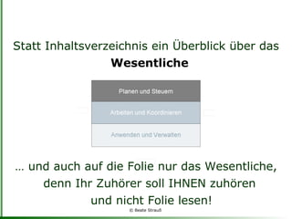 Statt Inhaltsverzeichnis ein Überblick über das  Wesentliche  …  und auch auf die Folie nur das Wesentliche, denn Ihr Zuhörer soll IHNEN zuhören  und nicht Folie lesen! 