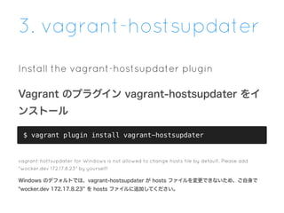 3. vagrant-hostsupdater
Install the vagrant-hostsupdater plugin
Vagrant のプラグイン vagrant-hostsupdater をイ
ンストール
$ vagrant plugin install vagrant-hostsupdater
vagrant-hottsupdater for Windows is not allowed to change hosts file by default. Please add
"wocker.dev 172.17.8.23" by yourself!
Windows のデフォルトでは、vagrant-hostsupdater が hosts ファイルを変更できないため、ご自身で
"wocker.dev 172.17.8.23 を hosts ファイルに追加してください。
 