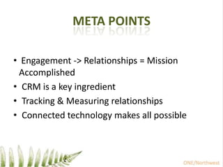 Meta points Engagement -> Relationships = Mission AccomplishedCRM is a key ingredientTracking & Measuring relationshipsConnected technology makes all possible