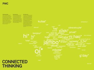 PWC


Unite the partnership                    One common story                        Get it, like it, use it
In 2003, PricewaterhouseCoopers          Working with a global team, Wolff       Connected Thinking was introduced
had just sold its IT consulting          Olins concluded that there were         in late 2003, the start of a long-term
business to IBM, and was besieged        two important things about PwC —        change program. Having established
by market and regulatory events.         its purpose (what it exists to do)      the deﬁnitions and brand principles,
Press and public were questioning        and its way of delivering on that       Wolff Olins worked with PwC teams
the efﬁcacy and integrity of the large   purpose (the way it works). The new     around the world to help them do
accounting ﬁrms after the collapses      positioning, “Connected Thinking,”      things in a Connected Thinking way.
of Enron and WorldCom. The               points to the organization’s strength   More recently, we have developed
organization’s global leadership         as a sophisticated global network of    messaging platforms and
felt that a common positioning was       experienced individuals that share      communications plans that make the
needed to unite the partnership,         ideas, methodologies and expertise      core value proposition clear at the
remind it of its purpose, and make       to solve client problems.               industry sector level. The positioning
global communications more                                                       works at many levels and across
consistent and clear.                                                            disciplines: people get it, like it and
                                                                                 use it. And since the launch of
                                                                                 Connected Thinking, PwC has been
                                                                                 the fastest-growing of the big four
                                                                                 audit ﬁrms.




CONNECTED
THINKING
 