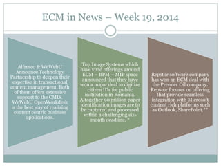 ECM in News – Week 19, 2014
Alfresco & WeWebU
Announce Technology
Partnership to deepen their
expertise in transactional
content management. Both
of them offers extensive
support to the CMIS.
WeWebU OpenWorkdesk
is the best way of realizing
content centric business
applications.
Top Image Systems which
have vivid offerings around
ECM – BPM – MIP space
announced that they have
won a major deal to digitize
citizen IDs for public
institution in Romania.
Altogether 90 million paper
identification images are to
be captured and processed
within a challenging six-
month deadline. *
Repstor software company
has won an ECM deal with
the Premier Oil company.
Repstor focuses on offering
that provide seamless
integration with Microsoft
content rich platforms such
as Outlook, SharePoint.**
 