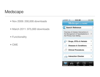 Medscape

  • Nov 2009: 200,000 downloads


  • March 2011: 975,000 downloads


  • Functionality


  • CME
 