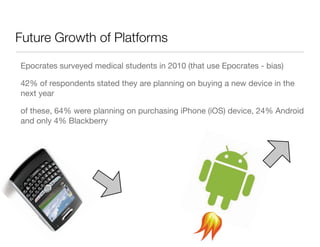 Future Growth of Platforms

Epocrates surveyed medical students in 2010 (that use Epocrates - bias)

42% of respondents stated they are planning on buying a new device in the
next year

of these, 64% were planning on purchasing iPhone (iOS) device, 24% Android
and only 4% Blackberry
 