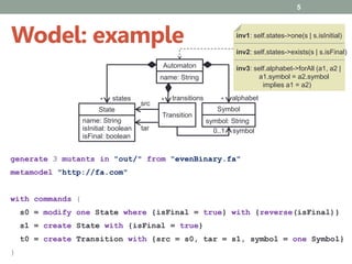 Wodel: example
5
Automaton
name: String
State
Transition
*
name: String
isInitial: boolean
isFinal: boolean
src
tar symbol0..1
states* * transitions
inv1: self.states->one(s | s.isInitial)
inv2: self.states->exists(s | s.isFinal)
inv3: self.alphabet->forAll (a1, a2 |
a1.symbol = a2.symbol
implies a1 = a2)
alphabet
Symbol
symbol: String
generate 3 mutants in "out/" from "evenBinary.fa"
metamodel "http://fa.com"
with commands {
s0 = modify one State where {isFinal = true} with {reverse(isFinal)}
s1 = create State with {isFinal = true}
t0 = create Transition with {src = s0, tar = s1, symbol = one Symbol}
}
 