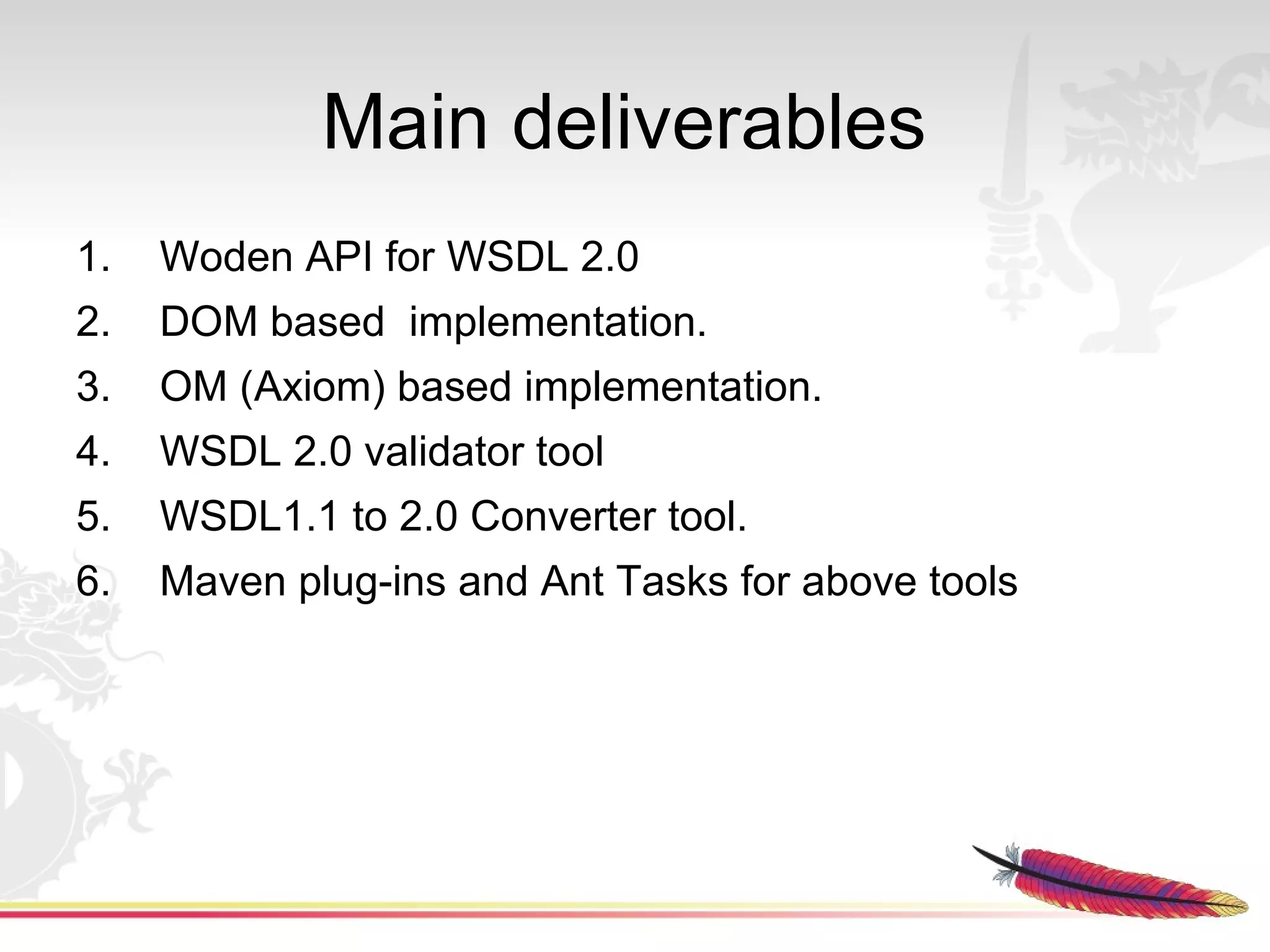 Main deliverables
1.   Woden API for WSDL 2.0
2.   DOM based implementation.
3.   OM (Axiom) based implementation.
4.   WSDL 2.0 validator tool
5.   WSDL1.1 to 2.0 Converter tool.
6.   Maven plug-ins and Ant Tasks for above tools
 