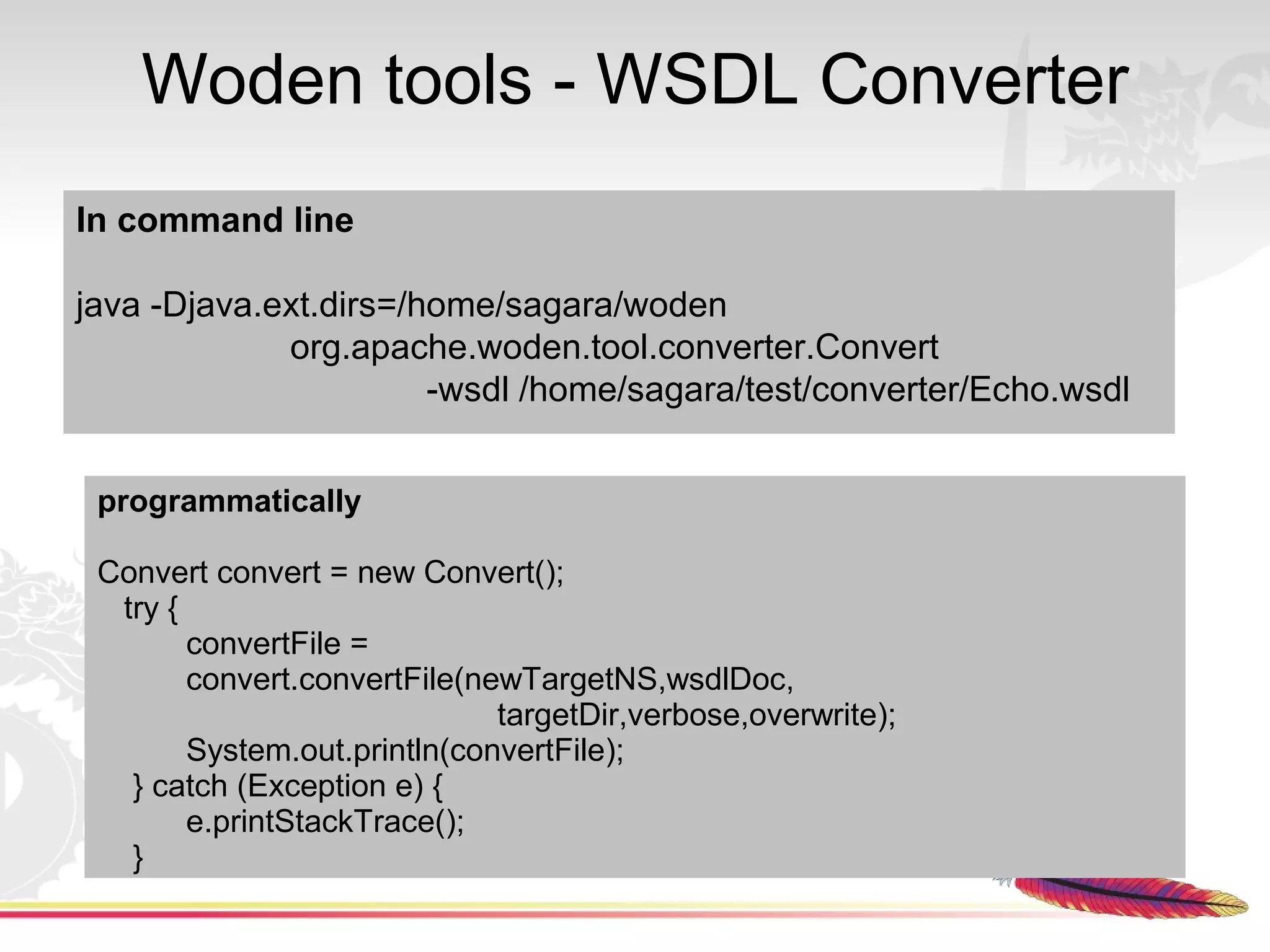 Woden tools - WSDL Converter
In command line

java -Djava.ext.dirs=/home/sagara/woden
             org.apache.woden.tool.converter.Convert
                       -wsdl /home/sagara/test/converter/Echo.wsdl


 programmatically

 Convert convert = new Convert();
  try {
        convertFile =
        convert.convertFile(newTargetNS,wsdlDoc,
                              targetDir,verbose,overwrite);
        System.out.println(convertFile);
   } catch (Exception e) {
        e.printStackTrace();
   }
 