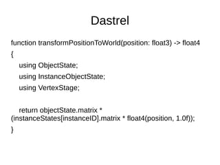 Dastrel
function transformPositionToWorld(position: float3) -> float4
{
using ObjectState;
using InstanceObjectState;
using VertexStage;
return objectState.matrix *
(instanceStates[instanceID].matrix * float4(position, 1.0f));
}
 