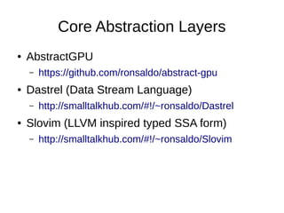 Core Abstraction Layers
● AbstractGPU
– https://github.com/ronsaldo/abstract-gpu
● Dastrel (Data Stream Language)
– http://smalltalkhub.com/#!/~ronsaldo/Dastrel
● Slovim (LLVM inspired typed SSA form)
– http://smalltalkhub.com/#!/~ronsaldo/Slovim
 