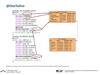 Andreas Martin - Page 24
@OneToOne
3. Persistence Layer
Adapted from: Goncalves: Code and Models licensed under a CC BY-SA 3.0 License from https://github.com/agoncal/agoncal-book-javaee7
Listing: The Customer Entity
@Entity
public class Customer {
@Id @GeneratedValue
private Long id;
private String firstName;
private String lastName;
private String email;
private String phoneNumber;
@OneToOne
@JoinColumn(name = "address_fk")
private Address address;
// Constructors, getters, setters
}
Listing: An Address Entity
@Entity
public class Address {
@Id @GeneratedValue
private Long id;
private String street1;
private String street2;
private String city;
private String state;
private String zipcode;
private String country;
@OneToOne(mappedBy = "address")
private Customer customer;
// Constructors, getters, setters
}
 