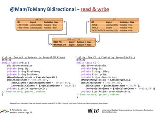 Andreas Martin - Page 26
@ManyToMany Bidirectional – read & write
3. Persistence Layer
Listing: One Artist Appears on Several CD Albums
@Entity
public class Artist {
@Id @GeneratedValue
private Long id;
private String firstName;
private String lastName;
@ManyToMany(cascade = CascadeType.ALL)
@JoinTable(name = "jnd_art_cd",
joinColumns = @JoinColumn(name = "artist_fk"),
inverseJoinColumns = @JoinColumn(name = "cd_fk"))
private List<CD> appearsOnCDs;
// Constructors, getters, setters
}
Listing: One CD is Created by Several Artists
@Entity
public class CD {
@Id @GeneratedValue
private Long id;
private String title;
private Float price;
private String description;
@ManyToMany(cascade = CascadeType.ALL)
@JoinTable(name = "jnd_art_cd",
joinColumns = @JoinColumn(name = "cd_fk"),
inverseJoinColumns = @JoinColumn(name = "artist_fk"))
private List<Artist> createdByArtists;
// Constructors, getters, setters
}
Adapted from: Goncalves: Code and Models licensed under a CC BY-SA 3.0 License from https://github.com/agoncal/agoncal-book-javaee7
 