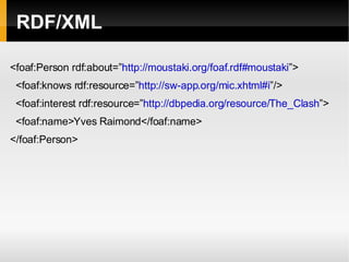 RDF/XML <foaf:Person rdf:about=” http://moustaki.org/foaf.rdf#moustaki ”> <foaf:knows rdf:resource=” http://sw-app.org/mic.xhtml#i ”/> <foaf:interest rdf:resource=” http://dbpedia.org/resource/The_Clash ”> <foaf:name>Yves Raimond</foaf:name> </foaf:Person> 