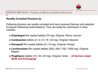 WÖRWAG R&D GmbH - Company profile for products to licence out
(I)
Readily Compiled Dossiers (I):

Following dossiers are readily compiled and have received German and selected
European Marketing Authorisations. They are ready for submission in other
markets:

     ● Clopidogrel film coated tablets (75 mg); Original: Plavix, Iscover
     ● Candesartan tablets (2 | 4 | 8 | 16 | 32 mg), Original: Atacand
     ● Donepezil film coated tablets (5 | 10 mg), Original: Aricept
     ● Levetiracetam film coated tablets (250 | 500 | 750 | 1000 mg), Original:
       Keppra
     ● Pioglitazon tablets (15 | 30 | 45 mg), Original: Actos   of German origin
       (Bulk and Packaging)


March 2011 I Wörwag R&D I Business Development                        www.woerwag-rd.com
 