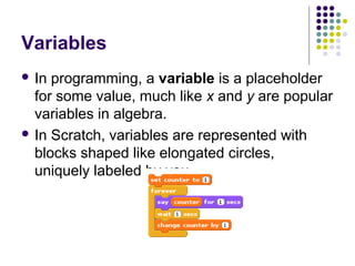 Variables
 In programming, a variable is a placeholder
for some value, much like x and y are popular
variables in algebra.
 In Scratch, variables are represented with
blocks shaped like elongated circles,
uniquely labeled by you.
 