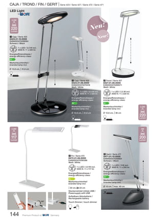 144 Premium Product of Germany
2 Caja / Serie 423
8423.01.06.0000
EAN4003474270418
Weiß / White
Z1 x LED / 2,5 W incl.
3000 K / 1 x 220 lm
Energieeffizienzklasse /
energy efficiency class:
A+
Markenleuchtmittel /
branded lamp incl.
L 12,6 cm, M31,6 cm
D
1 Caja / Serie 423
8423.01.10.0000
EAN4003474289564
Schwarz / Black
Z1 x LED / 2,5 W incl.
3000 K / 1 x 220 lm
Energieeffizienzklasse /
energy efficiency class:
A+
Markenleuchtmittel /
branded lamp incl.
L 12,6 cm, M31,6 cm
D 3 Trond / Serie 427
8427.01.06.0000
EAN4003474289571
Weiß / White
Z1 x LED / 2,5 W incl.
3000 K / 1 x 220 lm
Energieeffizienzklasse /
energy efficiency class:
A+
Markenleuchtmittel /
branded lamp incl.
L 12,6 cm, M36 cm
D
4 Fin / Serie 472
8472.01.06.0000
EAN4003474290386
Weiß / White
Z1 x LED / 2,9 W incl.
5500 K / 1 x 117 lm
Energieeffizienzklasse /
energy efficiency class:
A
Markenleuchtmittel/
branded lamp incl.
M30 cm, P22 cm
Steckernetzteil mittels USB /
Powersupply with USB
Aufladbare Akkubatterie /
Rechargeable battery
Touch Dimmer / touch dimmer
B
CAJA / TROND / FIN / GERIT | Serie 423 / Serie 427 / Serie 472 / Serie 471
220
Lumen
2,5W
220
Lumen
2,5W
200
Lumen
3W
117
Lumen
2,9W
5 Gerit / Serie 471
8471.01.10.0000
EAN4003474289601
Schwarz / Black
Z1 x LED / 3 W incl.
3000 K / 1 x 200 lm
Energieeffizienzklasse /
energy efficiency class:
A+
Markenleuchtmittel /
branded lamp incl.
L 13 cm, Mmax. 40 cm
D
®
Neu!
New!
 