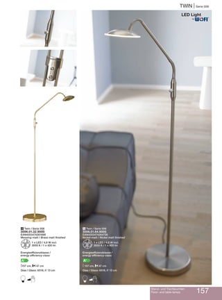 Twin | Serie 006
Stand- und Tischleuchten
Floor- and table lamps 157
5 Twin / Serie 006
3006.01.64.9000
EAN4003474264738
Nickel-matt / Nickel matt finished
Z1 x LED / 4,6 W incl.
3000 K / 1 x 400 lm
Energieeffizienzklasse /
energy efficiency class:
A+
M157 cm, P47 cm
Glas / Glass: 6518, L 13 cm
B
4 Twin / Serie 006
3006.01.32.9000
EAN4003474261898
Messing-matt / Brass matt finished
Z1 x LED / 4,6 W incl.
3000 K / 1 x 400 lm
Energieeffizienzklasse /
energy efficiency class:
A+
M157 cm, P47 cm
Glas / Glass: 6518, L 13 cm
B
®
 