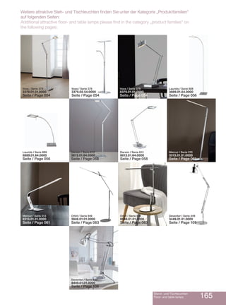 Stand- und Tischleuchten
Floor- and table lamps 165
Weitere attraktive Steh- und Tischleuchten finden Sie unter der Kategorie „Produktfamilien“
auf folgenden Seiten:
Additional attractive floor- and table lamps please find in the category „product families“ on
the following pages:
Voss / Serie 379
3379.02.54.0000
Seite / Page 054
Voss / Serie 379
3379.01.01.0000
Seite / Page 054
Voss / Serie 379
8379.01.01.0000
Seite / Page 054
Laurids / Serie 889
3889.01.64.0000
Seite / Page 056
Laurids / Serie 889
8889.01.64.0000
Seite / Page 056
Darwin / Serie 613
3613.01.64.0000
Seite / Page 058
Mercur / Serie 313
8313.01.01.0000
Seite / Page 061
Deventer / Serie 449
8449.01.01.0000
Seite / Page 109
Darwin / Serie 613
8613.01.64.0000
Seite / Page 058
Mercur / Serie 313
3313.01.01.0000
Seite / Page 061
Orbit / Serie 946
8946.01.01.0000
Seite / Page 063
Deventer / Serie 449
3449.01.01.0000
Seite / Page 109
Orbit / Serie 946
3946.01.01.0000
Seite / Page 063
 