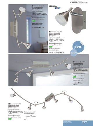 CAMERON | Serie 796
Strahlerserien
Spotlight series 221
7 Cameron / Serie 796
9796.04.64.0000
EAN4003474282510
Nickel-matt /
Nickel matt finished
Z4 x LED / 5 W incl.
3000 K / 4 x 430 lm
Energieeffizienzklasse /
energy efficiency class:
A+
Markenleuchtmittel /
Branded lamp incl.
N70 cm, p15 cm,
O39 cm
5 Cameron / Serie 796
7796.02.64.0000
EAN4003474282497
Nickel-matt /
Nickel matt finished
Z2 x LED / 5 W incl.
3000 K / 2 x 430 lm
Energieeffizienzklasse /
energy efficiency class:
A+
Markenleuchtmittel /
Branded lamp incl.
N35,5 cm, P14,5 cm
8 Cameron / Serie 796
9796.06.64.0000
EAN4003474282534
Nickel-matt /
Nickel matt finished
Z6 x LED / 5 W incl.
3000 K / 6 x 430 lm
Energieeffizienzklasse /
energy efficiency class:
A+
Markenleuchtmittel /
Branded lamp incl.
N180 cm, p16,7 cm
H
6 Cameron / Serie 796
4796.01.64.0000
EAN4003474282473
Nickel-matt /
Nickel matt finished
Z1 x LED / 5 W incl.
3000 K / 1 x 430 lm
Energieeffizienzklasse /
energy efficiency class:
A+
Markenleuchtmittel /
Branded lamp incl.
M13 cm, N7,5 cm, P11 cm
H
H
®
Neu!
New!
 