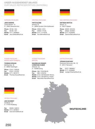 250
UNSER AUSSENDIENST (INLAND)
OUR SALES REPRESENTATIVES (NATIONAL)
DEUTSCHLAND
NORDDEUTSCHLAND
JENS GEBERS
Löwenzahnstr. 13
D - 29643 Neuenkirchen
Phone 05195 / 453
Fax 05195 / 437
Mobile 0171 / 6938950
Email Jens.Gebers@wofi.de
WESTDEUTSCHLAND
FRITZ BLOME
Wintrop 19
D - 59846 Sundern-Dörnholthausen
Phone 02933 / 2316
Fax 02933 / 77126
Mobile 0171 / 4178100
Email Fritz.Blome@wofi.de
SÜD-WESTDEUTSCHLAND
DIETMAR BERTUS
Neustr. 12
D - 56237 Deesen
Phone 02626 / 923728
Fax 02626 / 924650
Mobile 0171 / 6236008
Email Dietmar.Bertus@wofi.de
SÜDDEUTSCHLAND
BADEN-WÜRTTEMBERG
THOMAS KRAUSS
Mühlbachstr. 36
D - 88662 Überlingen
Phone 07551 / 838765
Fax 07551 / 972787
Mobile 0171 / 8010777
Email Thomas.Krauss@wofi.de
SÜDDEUTSCHLAND
BAYERN
MAXIMILIAN REINER
CHRISTIAN HUBER
Arbeostr. 5a
D - 85386 Eching
Phone 089 / 3195766-65
Fax 089 / 3195764
Mobile 0172 / 9310554 (M. Reiner)
Mobile 0172 / 9310555 (C. Huber)
Email Maximilian.Reiner@wofi.de
OSTDEUTSCHLAND
JÜRGEN RUSCHER
Ferdinand-Schumann-Str. 10
D - 08141 Reinsdorf
Fax 0375 / 3909952
Mobile 0171 / 6236005
Email Juergen.Ruscher@wofi.de
OSTDEUTSCHLAND
UDO SCHMIDT
Schillerstr. 12
D - 01454 Radeberg
Fax 03528 / 446212
Mobile 0171 / 6236017
Email Udo.Schmidt@wofi.de
 