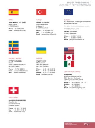 Aussendienst
Sales representatives 253
UNSER AUSSENDIENST
OUR SALES REPRESENTATIVES
SPAIN
JOSÉ MANUEL GOLVANO
Aptdo. 74059
E-28050 Madrid
Mobile + 34 670854557
Email wofi@decoluz21.es
EUROPA
Für alle anderen, nicht aufgeführten Länder
kontaktieren Sie bitte:
For all the other countries please contact:
WOFI DEUTSCHLAND
GEORG ECKHARDT
D-59872 Meschede
Phone + 49 2903 / 449162
Fax + 49 2903 / 449180
Email georg.eckhardt@wofi.de
TURKEY
GEORG ECKHARDT
WOFI Deutschland
Im Langel 6
D-59872 Meschede
Phone + 49 2903 449 162
Fax + 49 2903 449 180
Email georg.eckhardt@wofi.de
SWEDEN / NORWAY
PETTER KARLSSON
Bodima
Södra Karstorps Byaväg 28
SE-26972 Förslöv
Phone + 46 708 529 218
Email p.karlsson@bodima.se
Web www.rs-sweden.se
USA / CANADA / MEXICO
ALAN LEVY
WOFI Lighting Americas Inc.
3618 Quantum Boulevard
USA-Boynton Beach FL 33426
Phone + 1 561 424 2444, Ext. 212
Mobile + 1 561 866 8357
Fax + 1 561 424 2440
Email alevy@zenarolighting.com
UKRAINE
VALERIY KOPP
PPU Furmann
Uliza 600 - Letija 36
UA-21021 Winnyzja
Phone + 38 (0) 4 32 56 00 18
Fax + 38 (0) 4 32 56 00 18
Mobile + 38 (0) 9 67 00 99 66
Email info@wofi.com.ua
SWITZERLAND
BORIS SCHÖNENBERGER
Mondilux AG
Gewerbestraße 12
CH-4450 Sissach
Phone + 41 (61) 9 76 92 00
Fax + 41 (61) 9 76 92 10
Email info@mondilux.ch
 