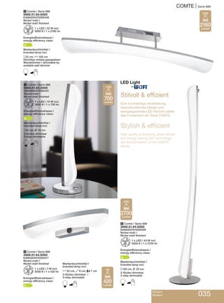 COMTE | Serie 888
Modern
Modern 035
4 Comte / Serie 888
4888.01.64.0000
EAN4003474293417
Nickel-matt /
Nickel matt finished
Z1 x LED / 7 W incl.
3000 K / 1 x 420 lm
Energieeffizienzklasse /
energy efficiency class:
A
5 Comte / Serie 888
3888.01.64.0000
EAN4003474293400
Nickel-matt /
Nickel matt finished
Z1 x LED / 43 W incl.
3000 K / 1 x 2700 lm
Energieeffizienzklasse /
energy efficiency class:
A
Markenleuchtmittel /
branded lamp incl.
M150 cm, L 25 cm
3-Stufen dimmbar
3-step dimmable
B
3 Comte / Serie 888
8888.01.64.0000
EAN4003474293431
Nickel-matt /
Nickel matt finished
Z1 x LED / 12 W incl.
3000 K / 1 x 700 lm
Energieeffizienzklasse /
energy efficiency class:
A
Markenleuchtmittel /
branded lamp incl.
M42 cm, L 12 cm
3-Stufen dimmbar
3-step dimmable
B
2 Comte / Serie 888
9888.01.64.0000
EAN4003474293448
Nickel-matt /
Nickel matt finished
Z1 x LED / 32 W incl.
3000 K / 1 x 2160 lm
Energieeffizienzklasse /
energy efficiency class:
A
Markenleuchtmittel /
branded lamp incl.
M23 cm, N100 cm
Dimmbar mittels geeignetem
Wanddimmer / dimmable by
suitable wall dimmer
B
Stilvoll & effizient
Eine hochwertige Verarbeitung,
beeindruckendes Design und
energiesparende LED-Technik bilden
das Fundament der Serie COMTE.
Stylish & efficient
High quality processing, great design
and energy saving LED technology
are the foundation of the COMTE
series.
700
Lumen
12W
2160
Lumen
32W
Markenleuchtmittel /
branded lamp incl.
N32 cm, O8 cm, P7 cm
3-Stufen dimmbar /
3-step dimmable
B 420
Lumen
7W
2700
Lumen
43W
®
 
